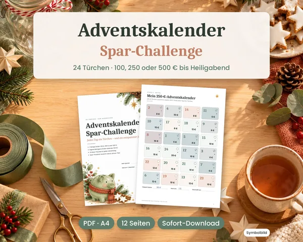 Titelbild: Adventskalender-Spar-Challenge auf einem weihnachtlich gedeckten Tisch (Symbolbild)