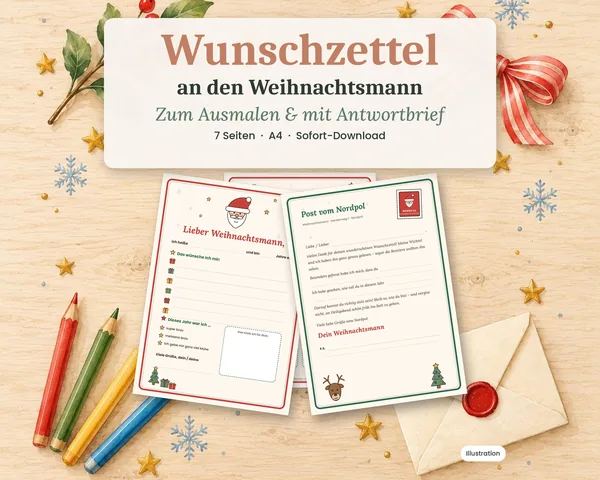 Titelbild: Wunschzettel und Antwortbrief vom Nordpol auf einem Holztisch mit Buntstiften (Illustration)