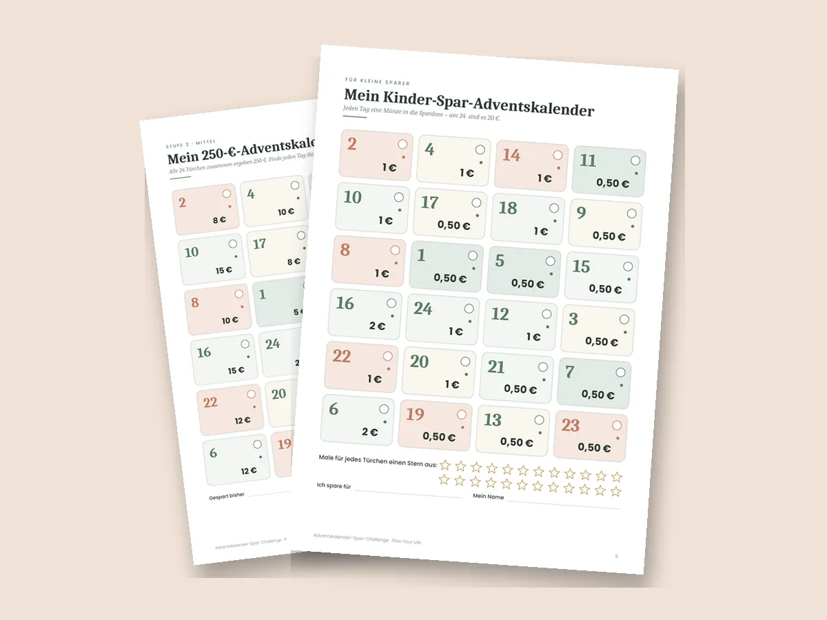 Seiten der Vorlage: Spar-Adventskalender und Kinder-Spar-Adventskalender