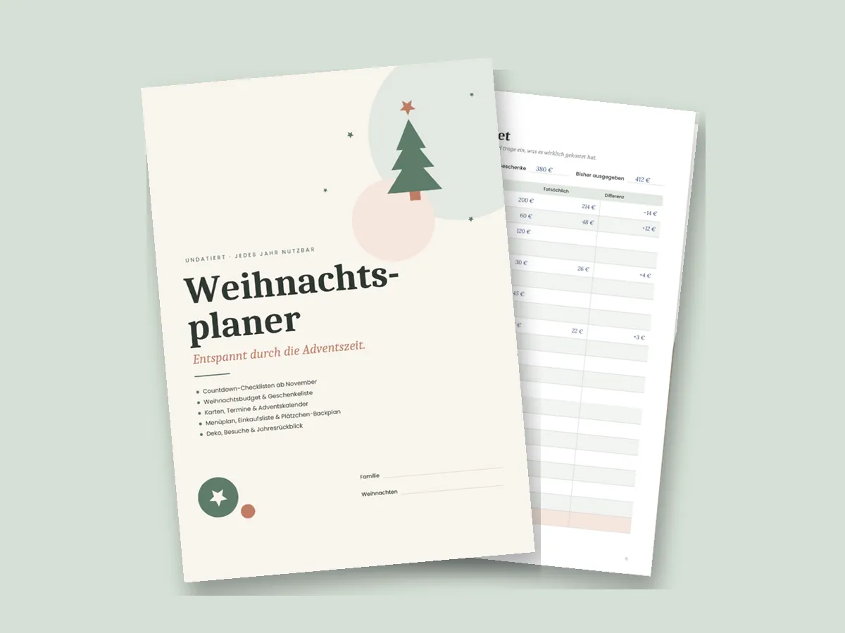 Seiten der Vorlage: Deckblatt Weihnachtsplaner und Seite Weihnachtsbudget