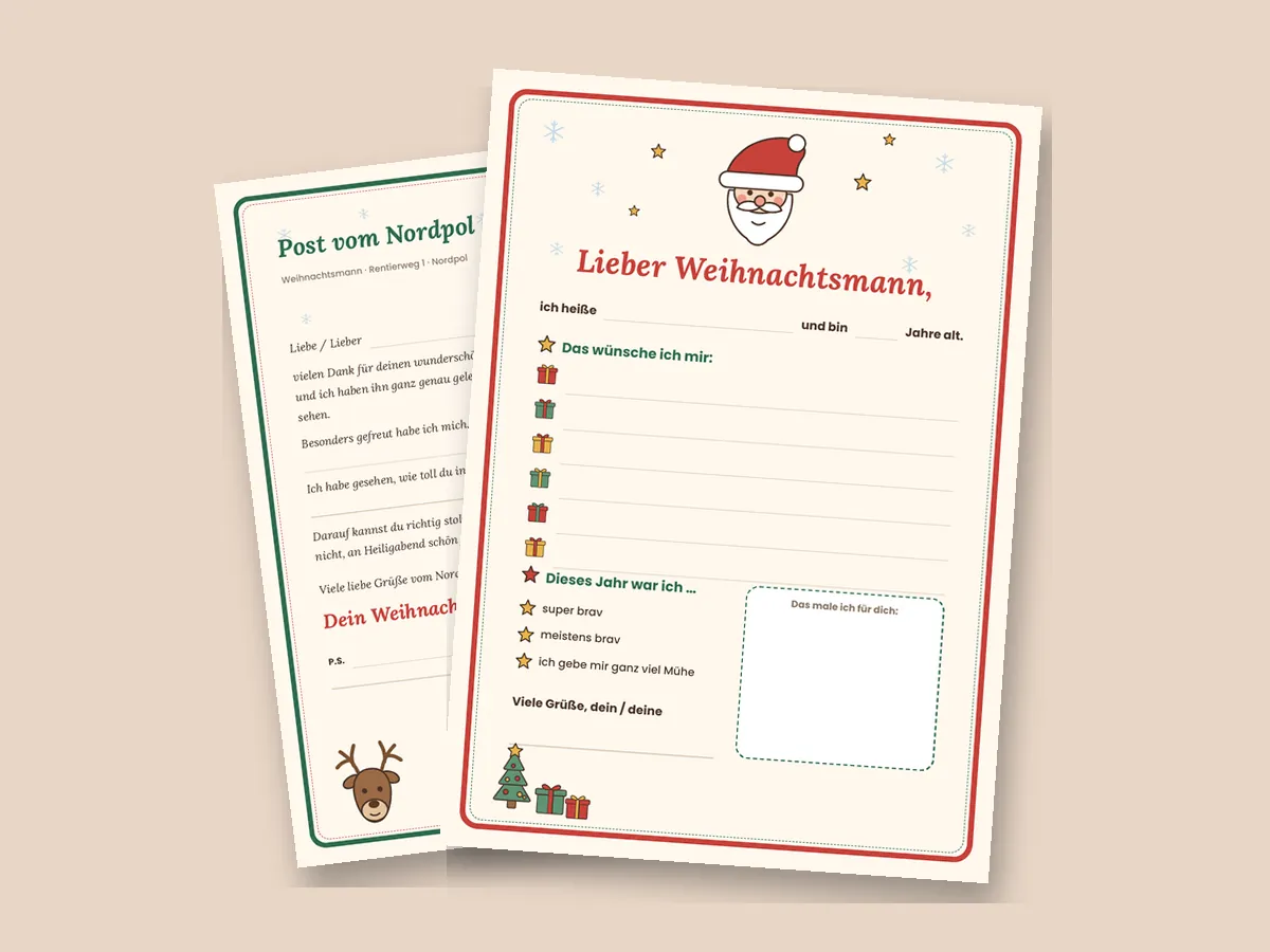 Seiten der Vorlage: Wunschzettel „Lieber Weihnachtsmann“ und Antwortbrief „Post vom Nordpol“